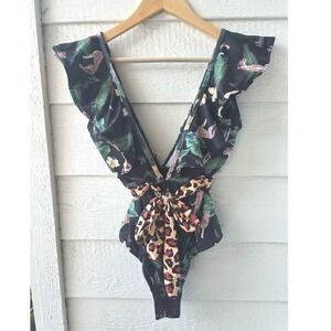 NEW One Piece Swimsuit Jungle Glam Tropical Maximalist Ruffle Plunge L